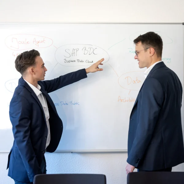 Beratungsgespräch am Whiteboard mit Skizze einer SAP-Datenarchitektur