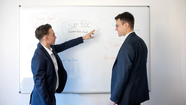 Zwei LEOCS-Berater besprechen ein SAP-Konzept am Whiteboard